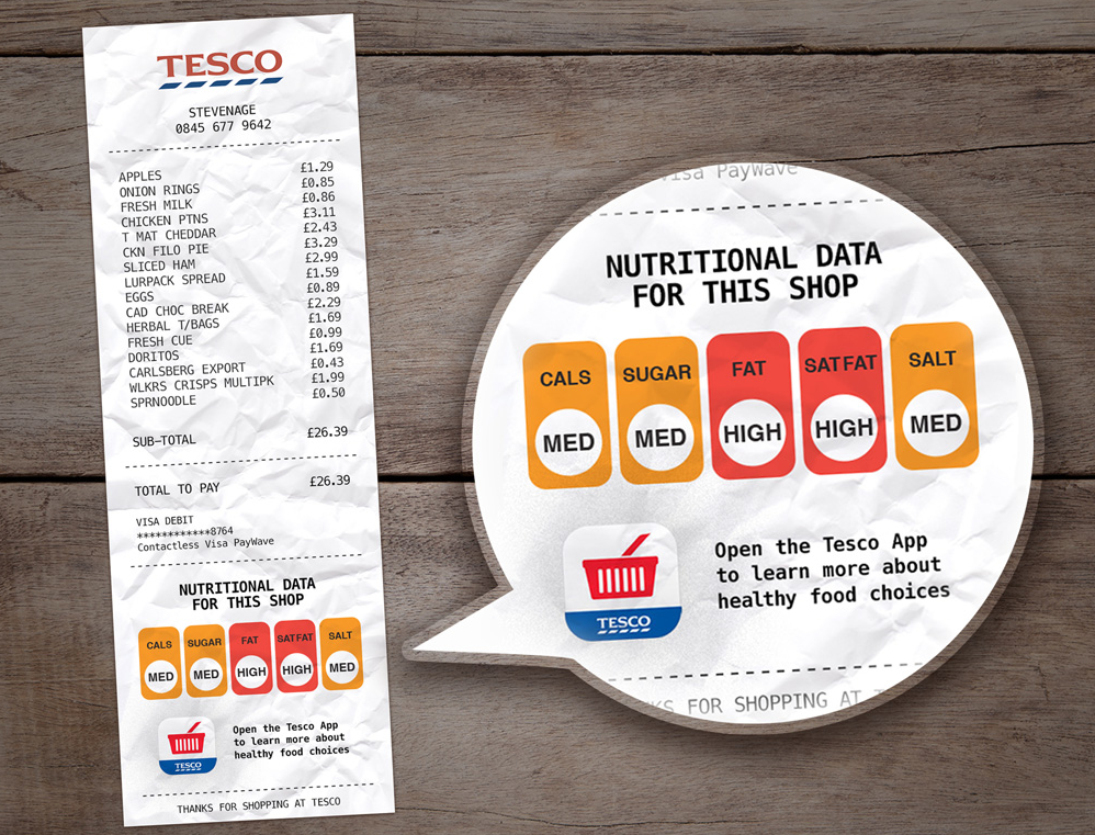 Un diseñador británico propone agregar información nutricional de los alimentos al final de las facturas de los supermercados.