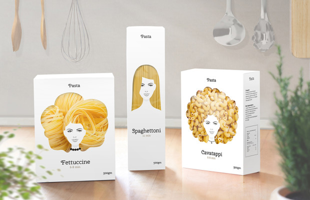 En este empaque, la pasta simula ser el cabello de tres mujeres.