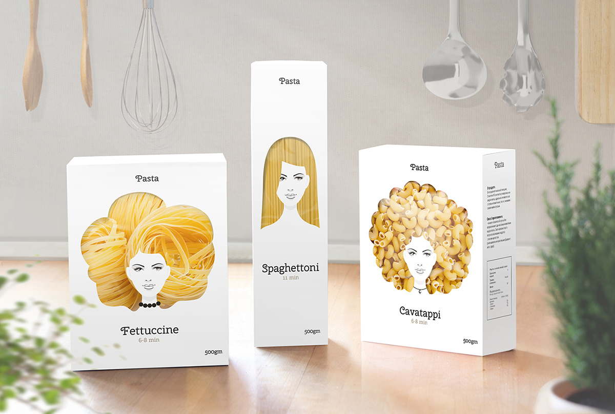 En este empaque, la pasta simula ser el cabello de tres mujeres.